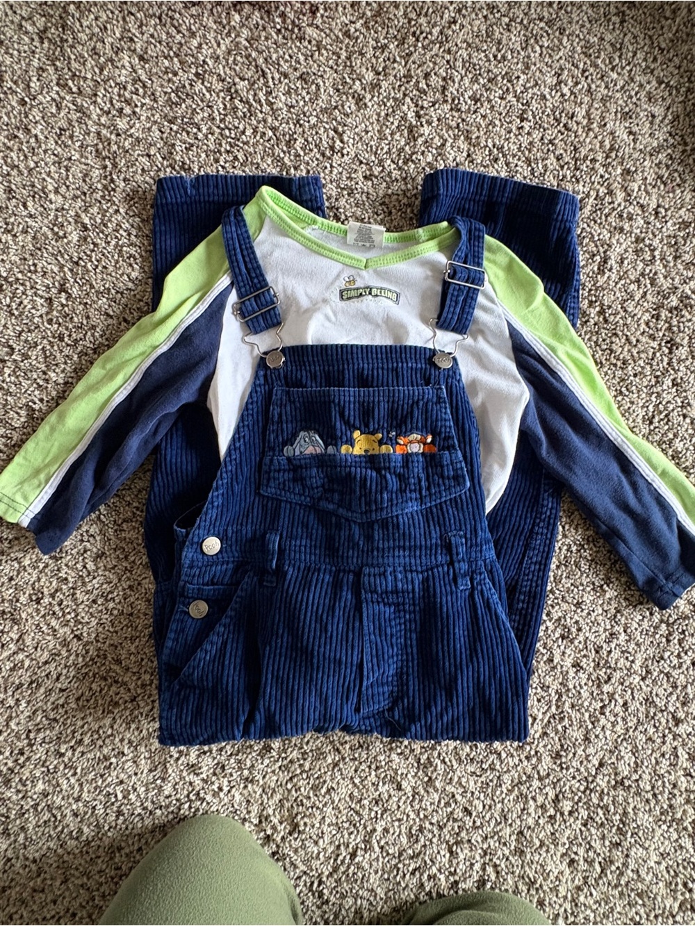Vintage Y2K Winnie the Pooh Corduroy Navy Overalls with Green-Trim Tee - Kids